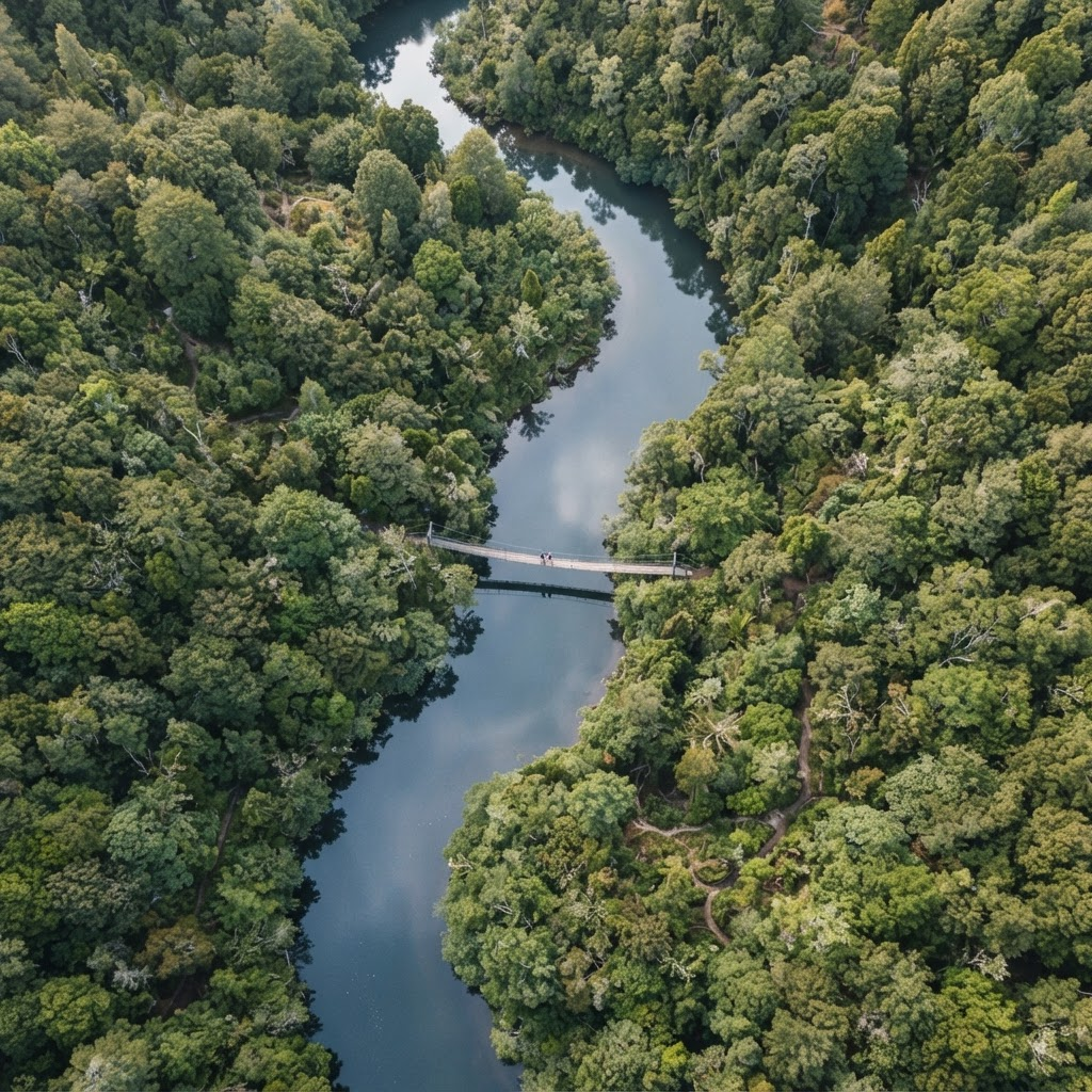 Aerial view of a river flowing through green forest